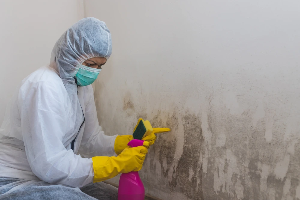 Certified mold inspector in PPE assessing mold growth on a wall